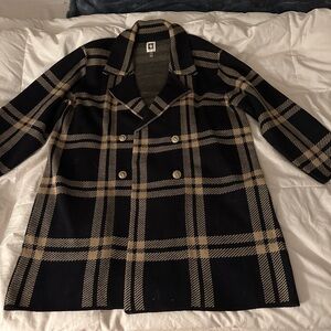 Ladies black and tan plaid long blazer.